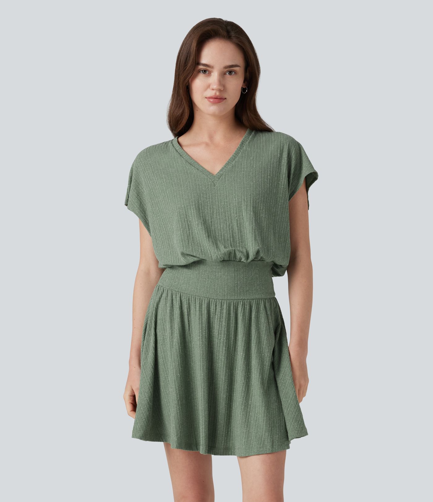 Ribbed Knit V-neck Short Sleeve 2-in-1 Mini Casual Linen-Blend Flowy Dress