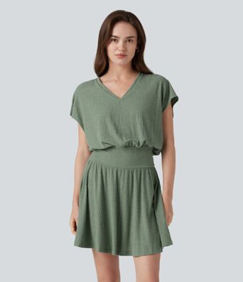 Ribbed Knit V-neck Short Sleeve 2-in-1 Mini Casual Linen-Blend Flowy Dress