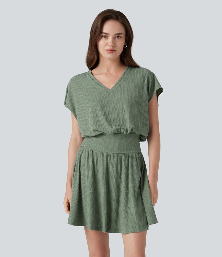 Ribbed Knit V-neck Short Sleeve 2-in-1 Mini Casual Linen-Blend Flowy Dress