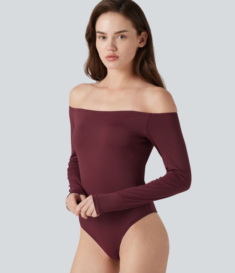 Off-Shoulder Long Sleeve Removable Straps Built-in Bra Casual Bodysuit