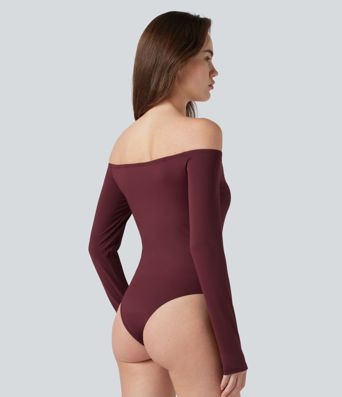 Off-Shoulder Long Sleeve Removable Straps Built-in Bra Casual Bodysuit