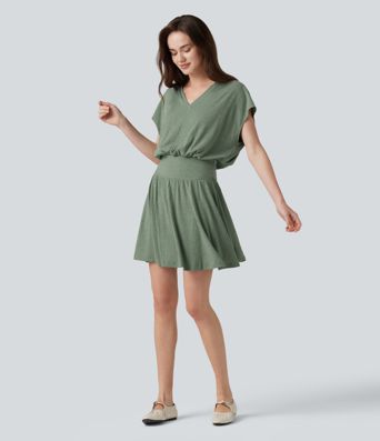 Ribbed Knit V-neck Short Sleeve 2-in-1 Mini Casual Linen-Blend Flowy Dress