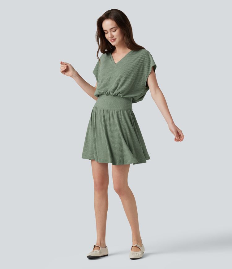 Ribbed Knit V-neck Short Sleeve 2-in-1 Mini Casual Linen-Blend Flowy Dress