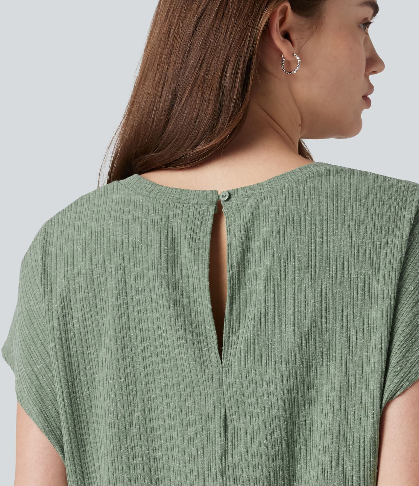 Ribbed Knit V-neck Short Sleeve 2-in-1 Mini Casual Linen-Blend Flowy Dress