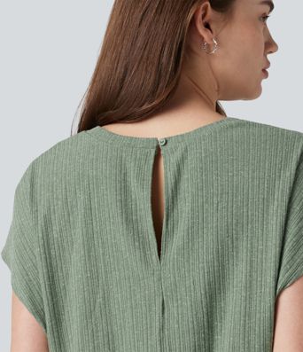 Ribbed Knit V-neck Short Sleeve 2-in-1 Mini Casual Linen-Blend Flowy Dress