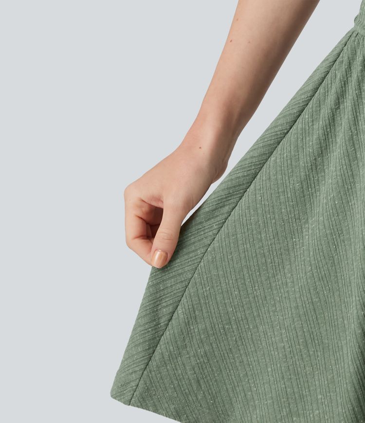 Ribbed Knit V-neck Short Sleeve 2-in-1 Mini Casual Linen-Blend Flowy Dress