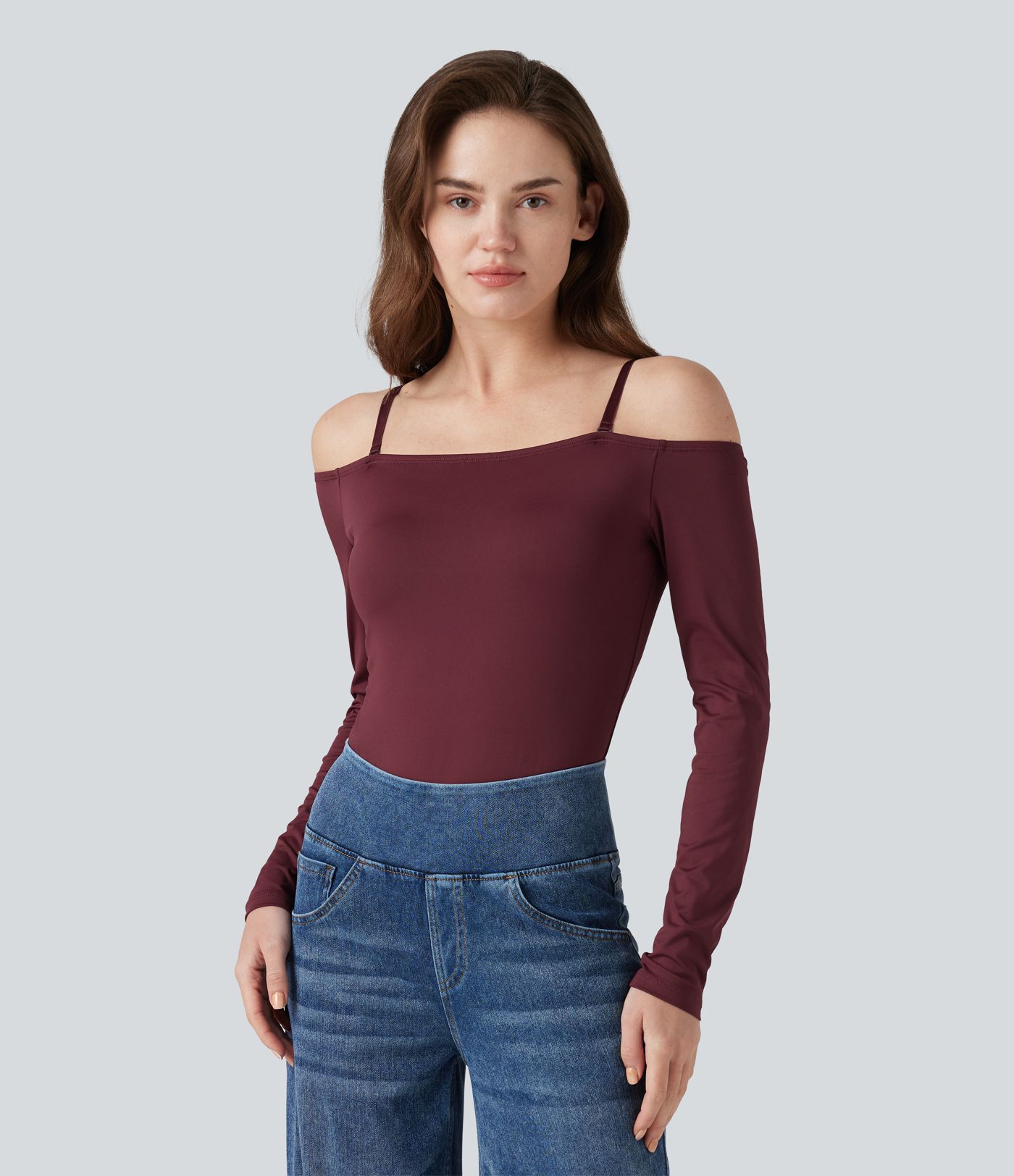 Off-Shoulder Long Sleeve Removable Straps Built-in Bra Casual Bodysuit