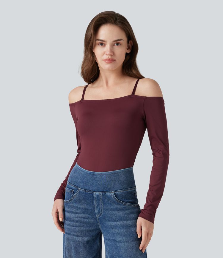 Off-Shoulder Long Sleeve Removable Straps Built-in Bra Casual Bodysuit