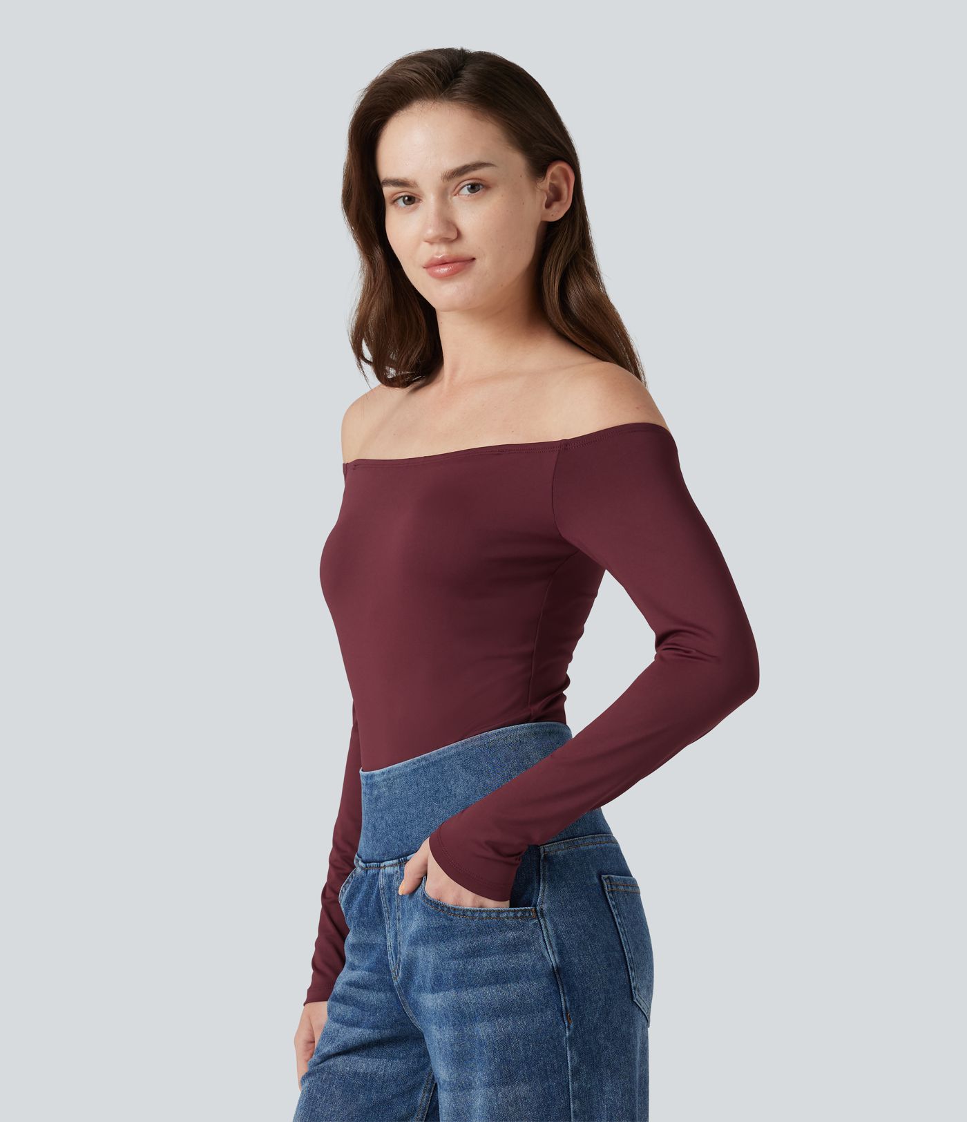 Off-Shoulder Long Sleeve Removable Straps Built-in Bra Casual Bodysuit