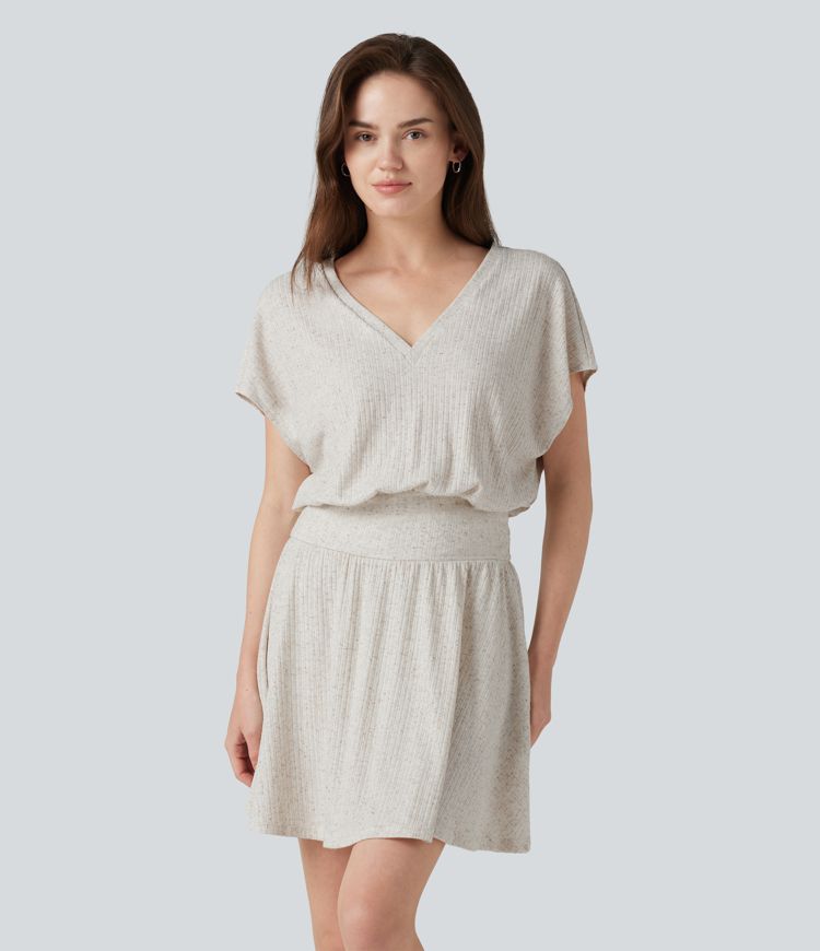 Ribbed Knit V-neck Short Sleeve 2-in-1 Mini Casual Linen-Blend Flowy Dress