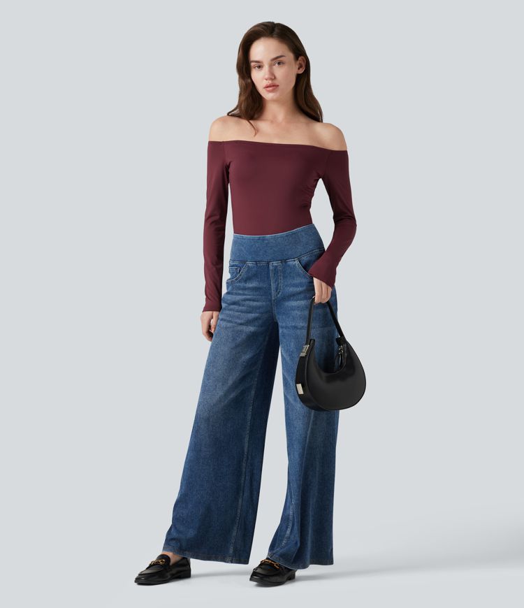 Off-Shoulder Long Sleeve Removable Straps Built-in Bra Casual Bodysuit