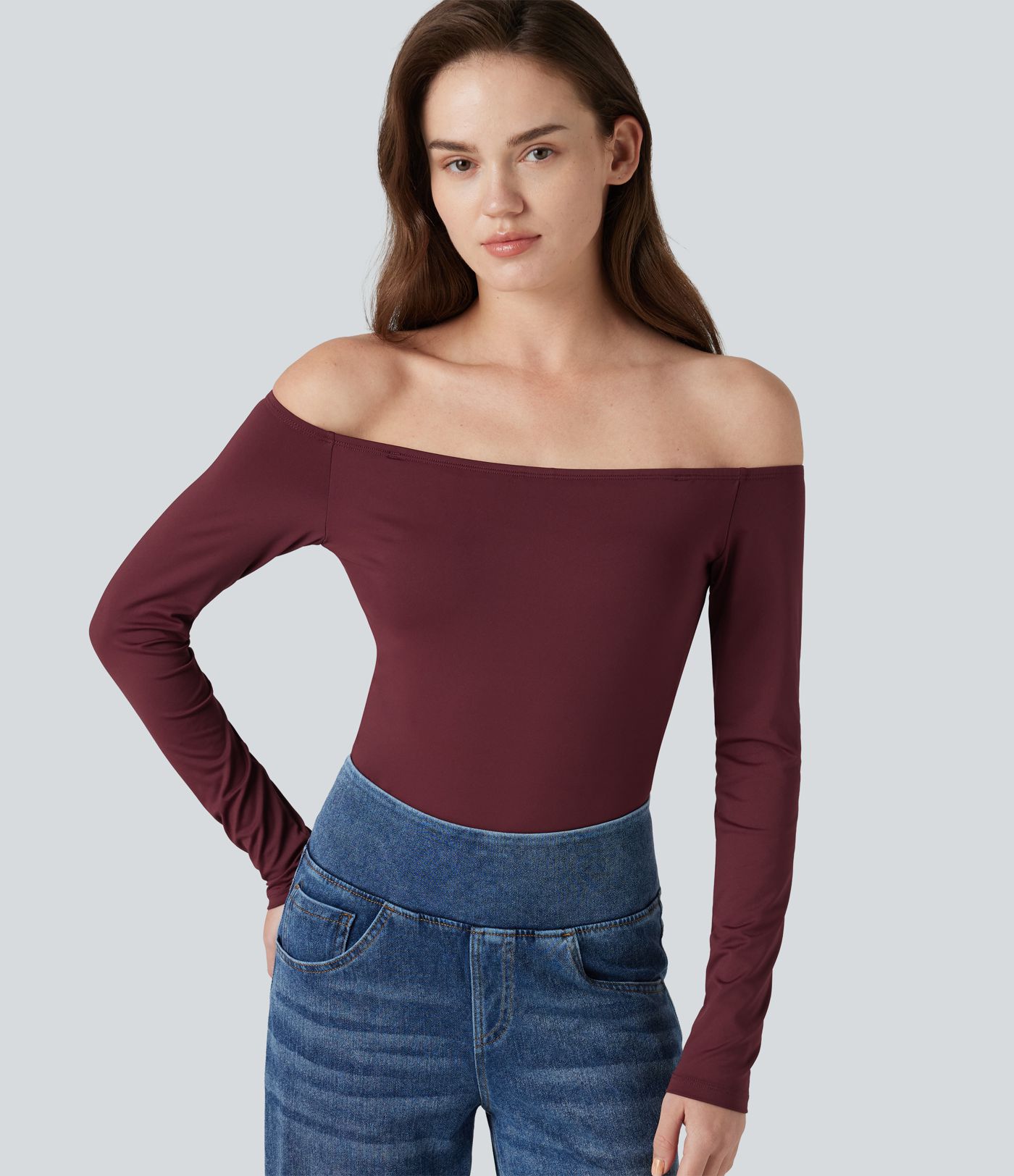 Off-Shoulder Long Sleeve Removable Straps Built-in Bra Casual Bodysuit