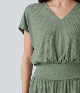 Ribbed Knit V-neck Short Sleeve 2-in-1 Mini Casual Linen-Blend Flowy Dress