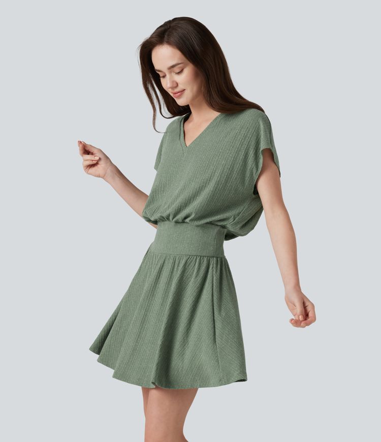 Sage Green Ribbed Ribbed Knit V-neck Short Sleeve 2-in-1 Mini Casual Linen-Blend Flowy Dress / 1