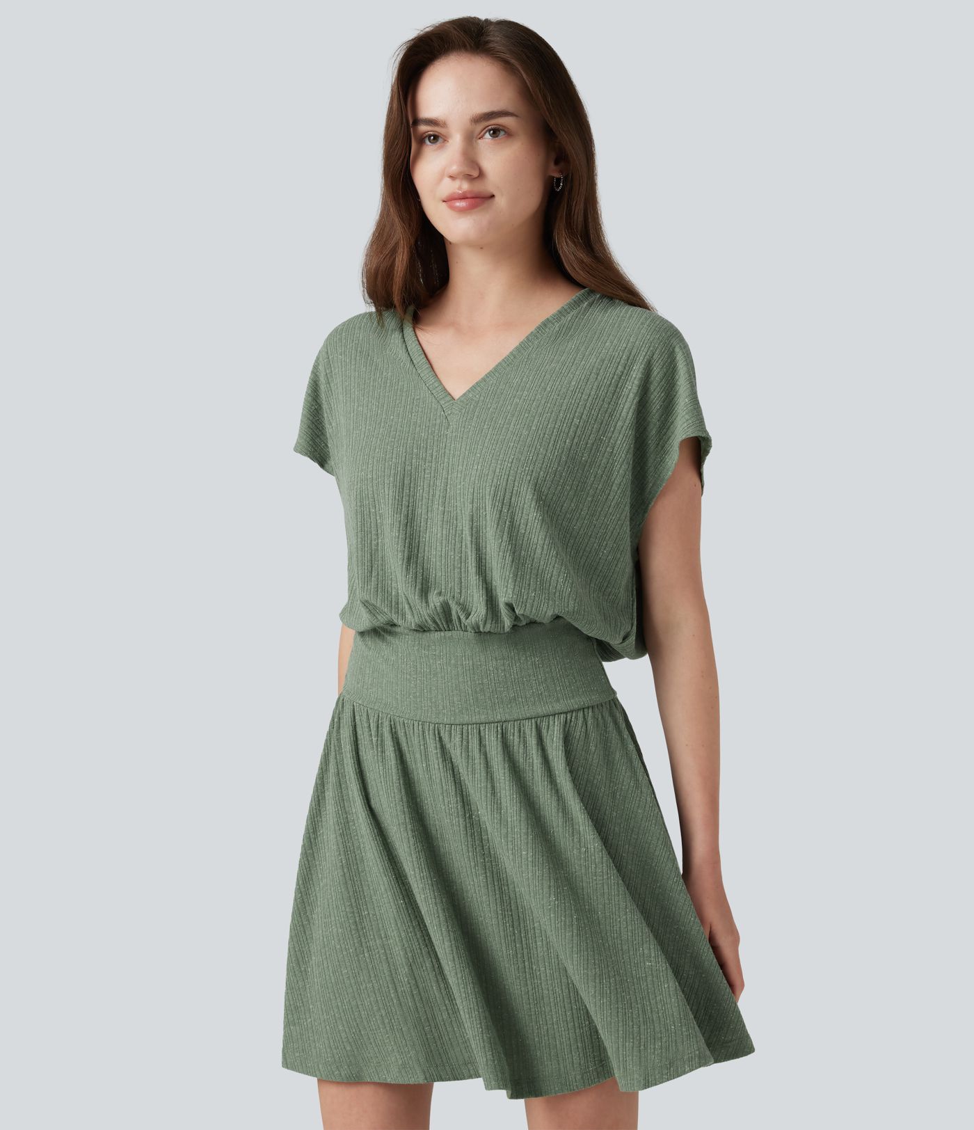 Ribbed Knit V-neck Short Sleeve 2-in-1 Mini Casual Linen-Blend Flowy Dress