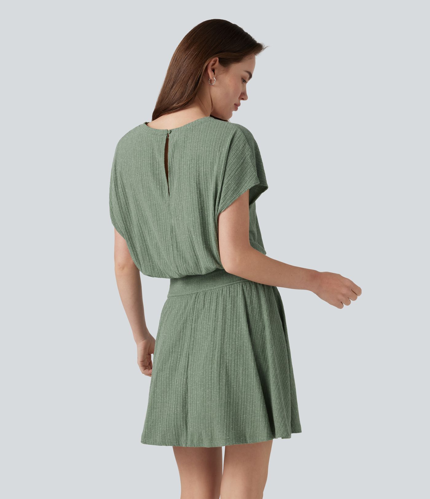 Ribbed Knit V-neck Short Sleeve 2-in-1 Mini Casual Linen-Blend Flowy Dress