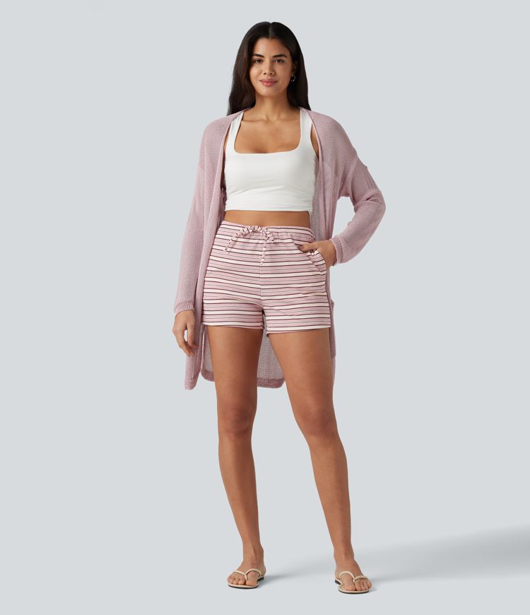 Ribbed Knit High Waisted Drawstring Stripe Casual Shorts 3'' with Pockets