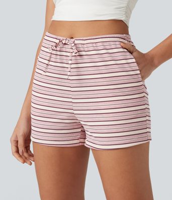 Ribbed Knit High Waisted Drawstring Stripe Casual Shorts 3'' with Pockets