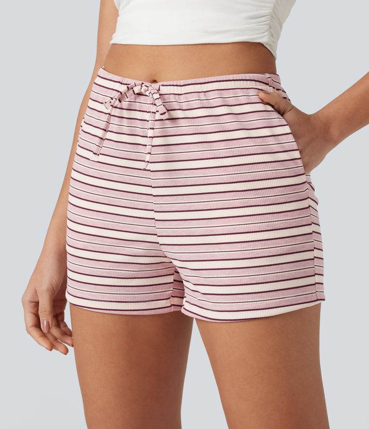 Ribbed Knit High Waisted Drawstring Stripe Casual Shorts 3'' with Pockets