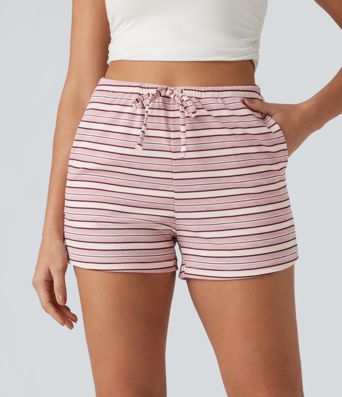 Ribbed Knit High Waisted Drawstring Stripe Casual Shorts 3'' with Pockets