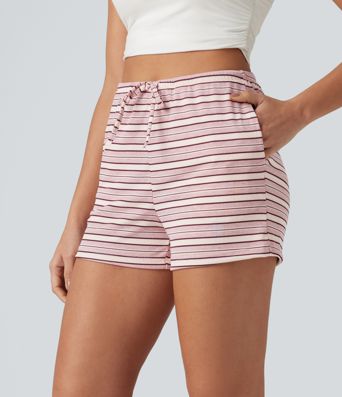 Ribbed Knit High Waisted Drawstring Stripe Casual Shorts 3'' with Pockets