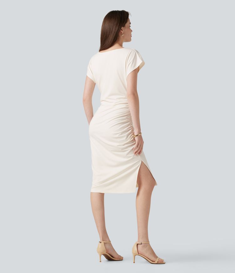 Asymmetric Cowl Neck Short Sleeve Ruched Split Hem Work Dress