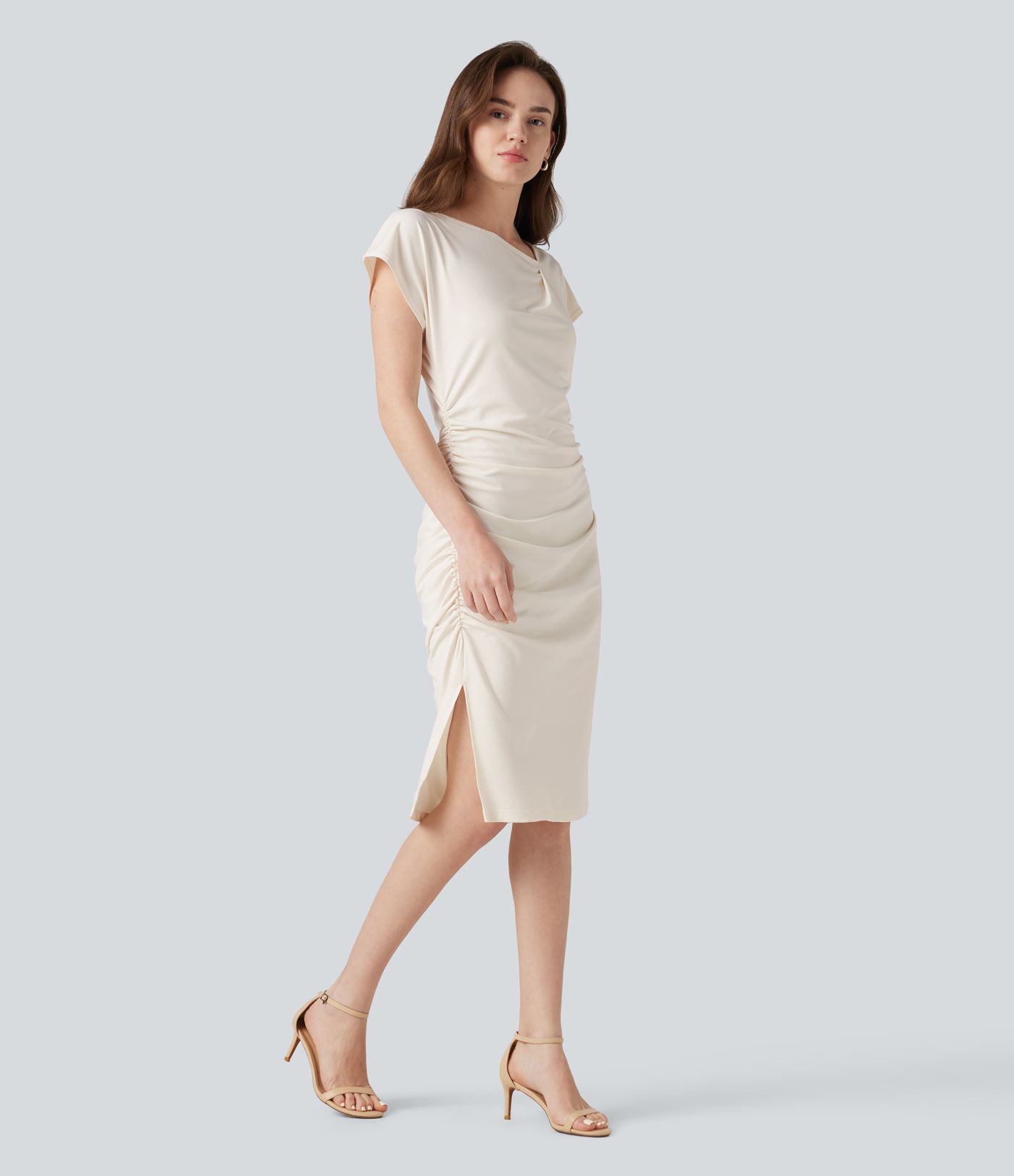 Asymmetric Cowl Neck Short Sleeve Ruched Split Hem Work Dress
