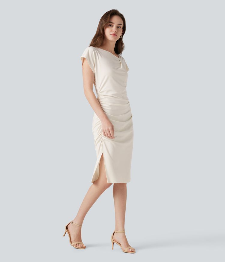 Asymmetric Cowl Neck Short Sleeve Ruched Split Hem Work Dress