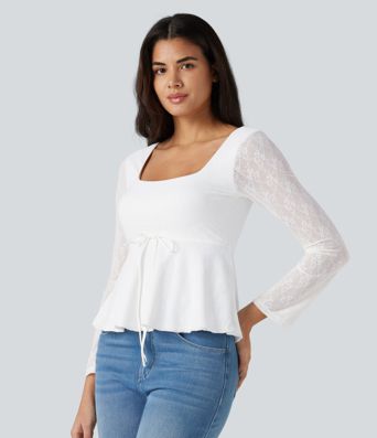 U-Neck Long Sleeve Contrast Lace Drawstring Party Babydoll Top