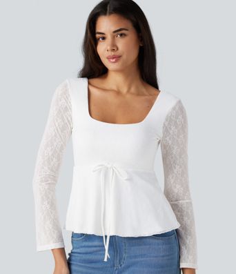 U-Neck Long Sleeve Contrast Lace Drawstring Party Babydoll Top
