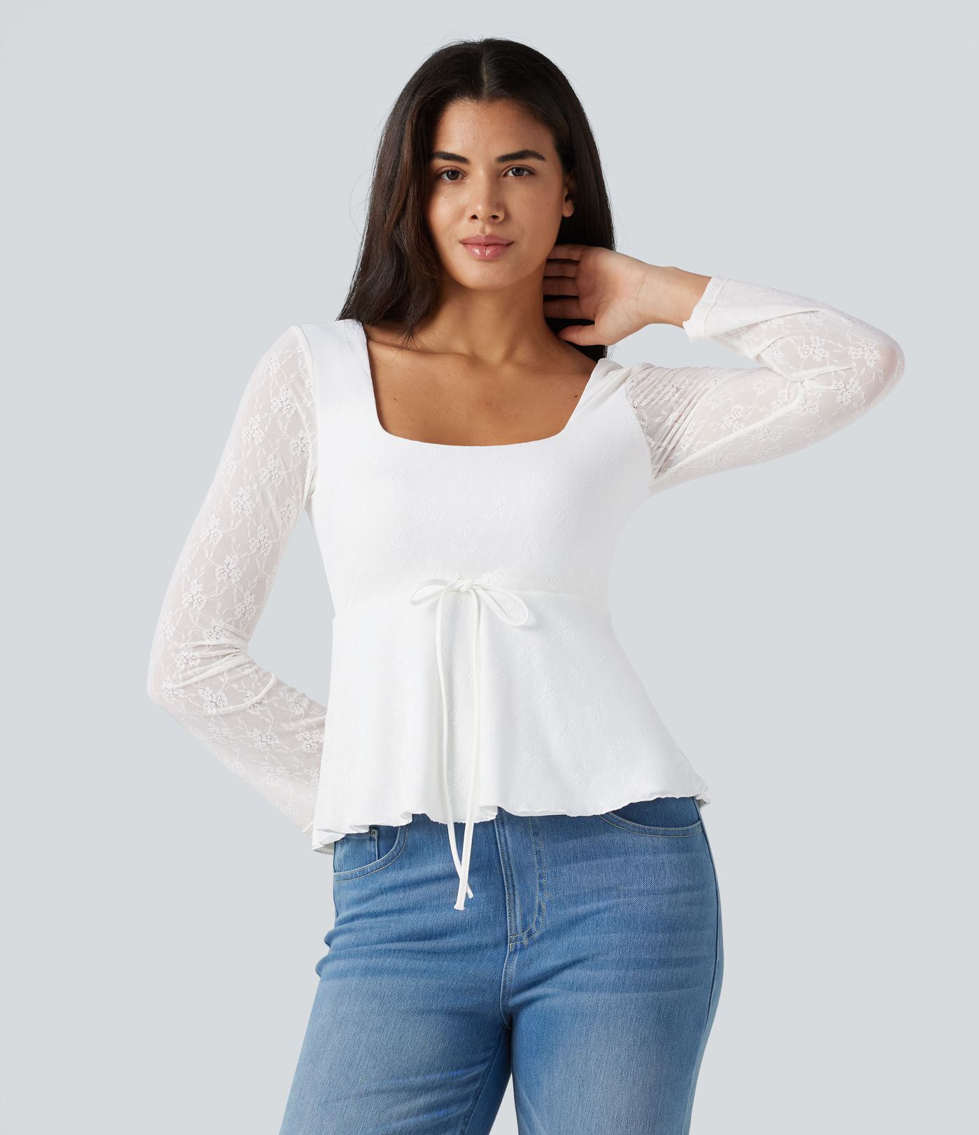 U-Neck Long Sleeve Contrast Lace Drawstring Party Babydoll Top