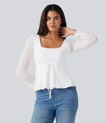 U-Neck Long Sleeve Contrast Lace Drawstring Party Babydoll Top