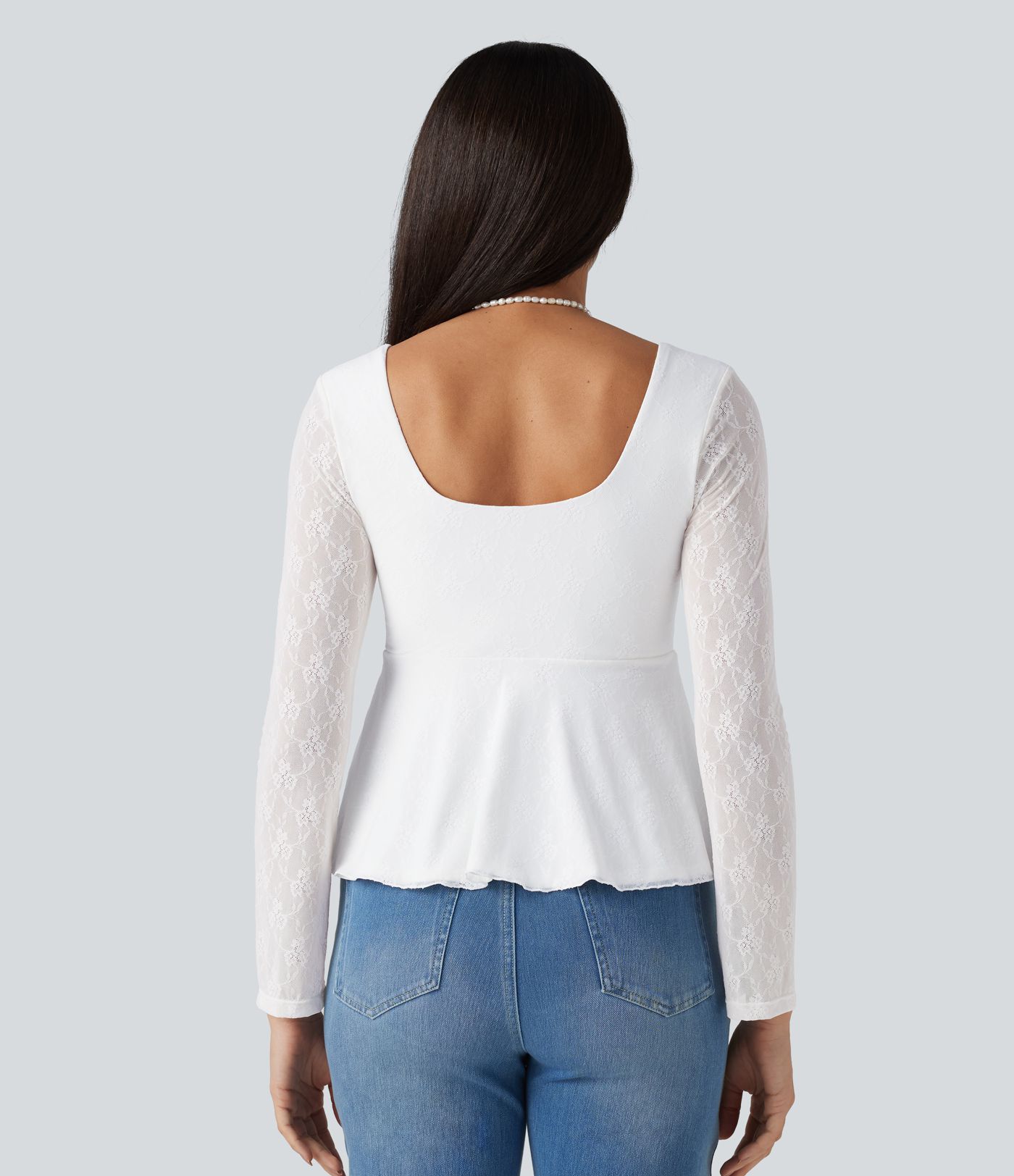 U-Neck Long Sleeve Contrast Lace Drawstring Party Babydoll Top