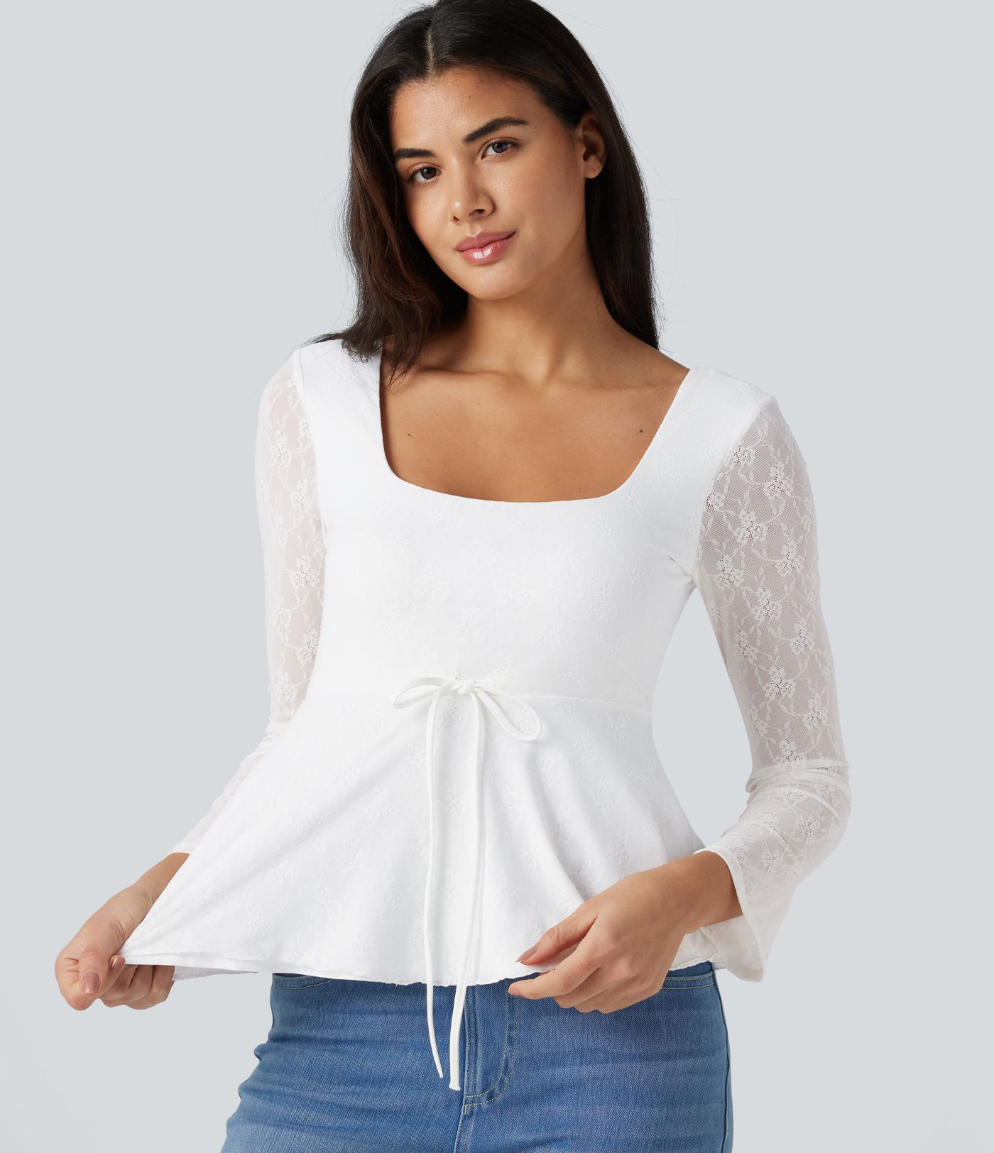 U-Neck Long Sleeve Contrast Lace Drawstring Party Babydoll Top