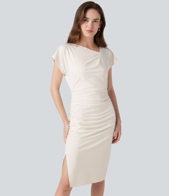 Asymmetric Cowl Neck Short Sleeve Ruched Split Hem Work Dress