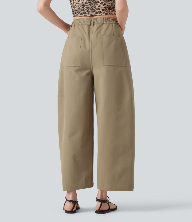 High Waisted Casual Barrel Leg Pants with Pockets