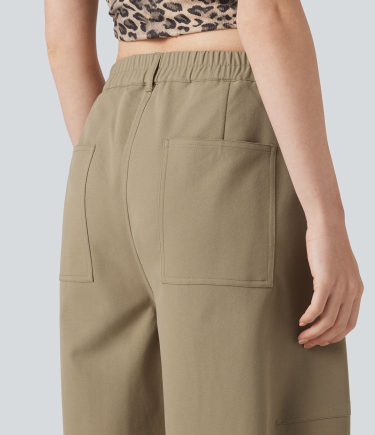 High Waisted Casual Barrel Leg Pants with Pockets