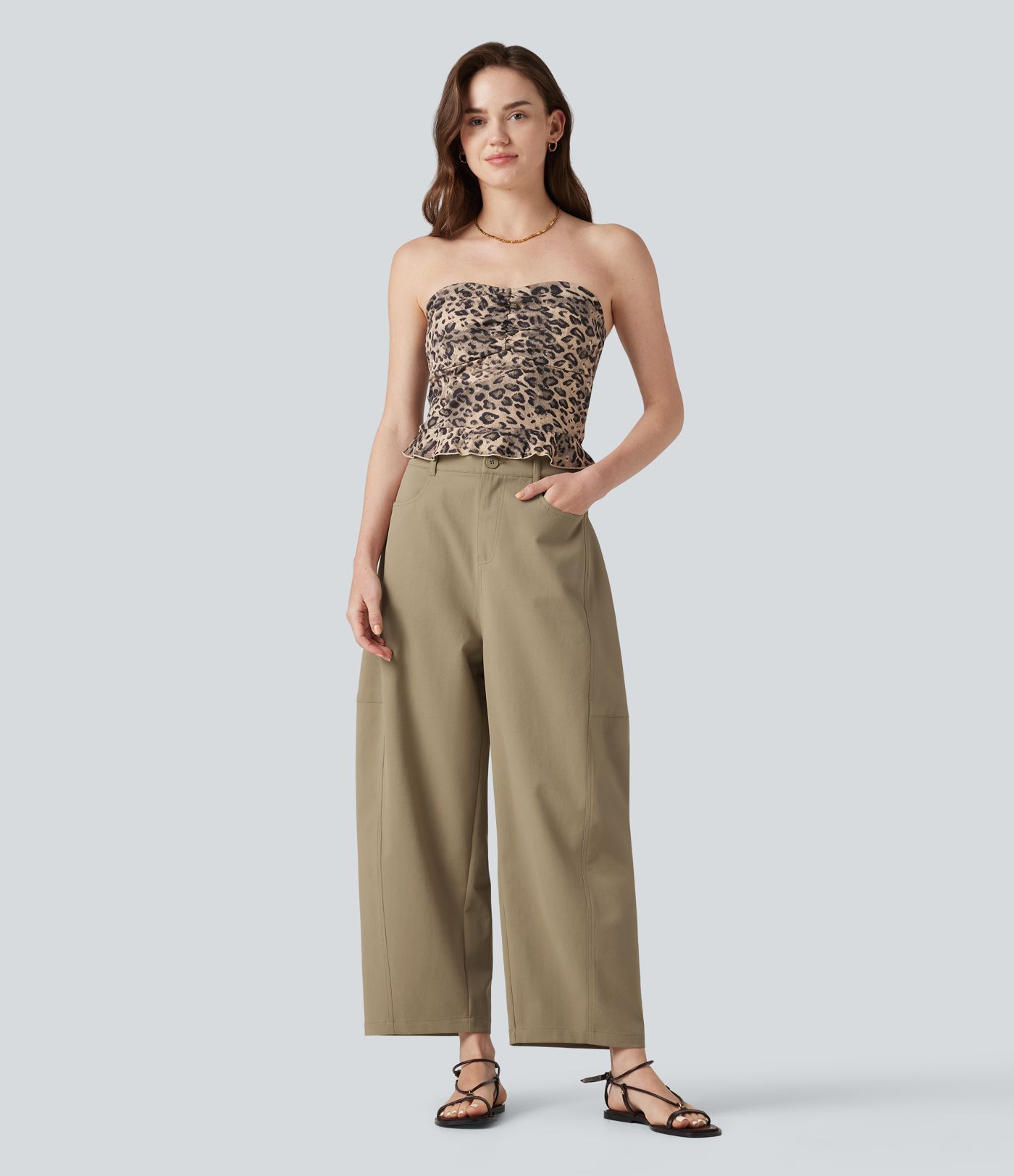 High Waisted Casual Barrel Leg Pants with Pockets