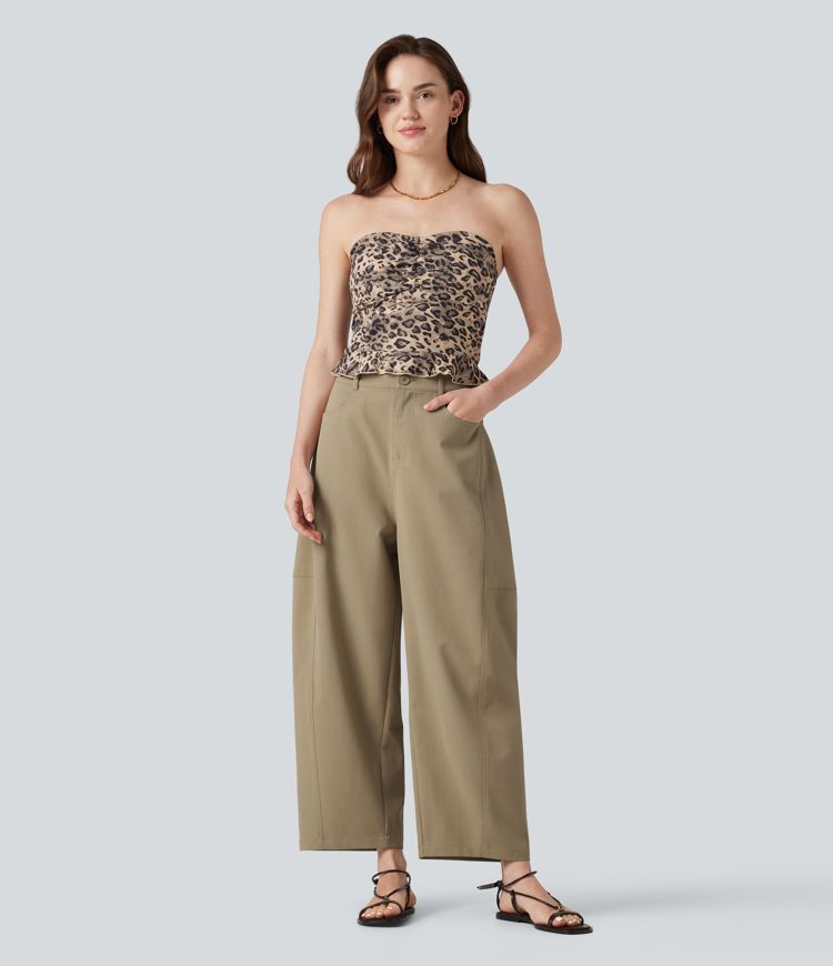 High Waisted Casual Barrel Leg Pants with Pockets