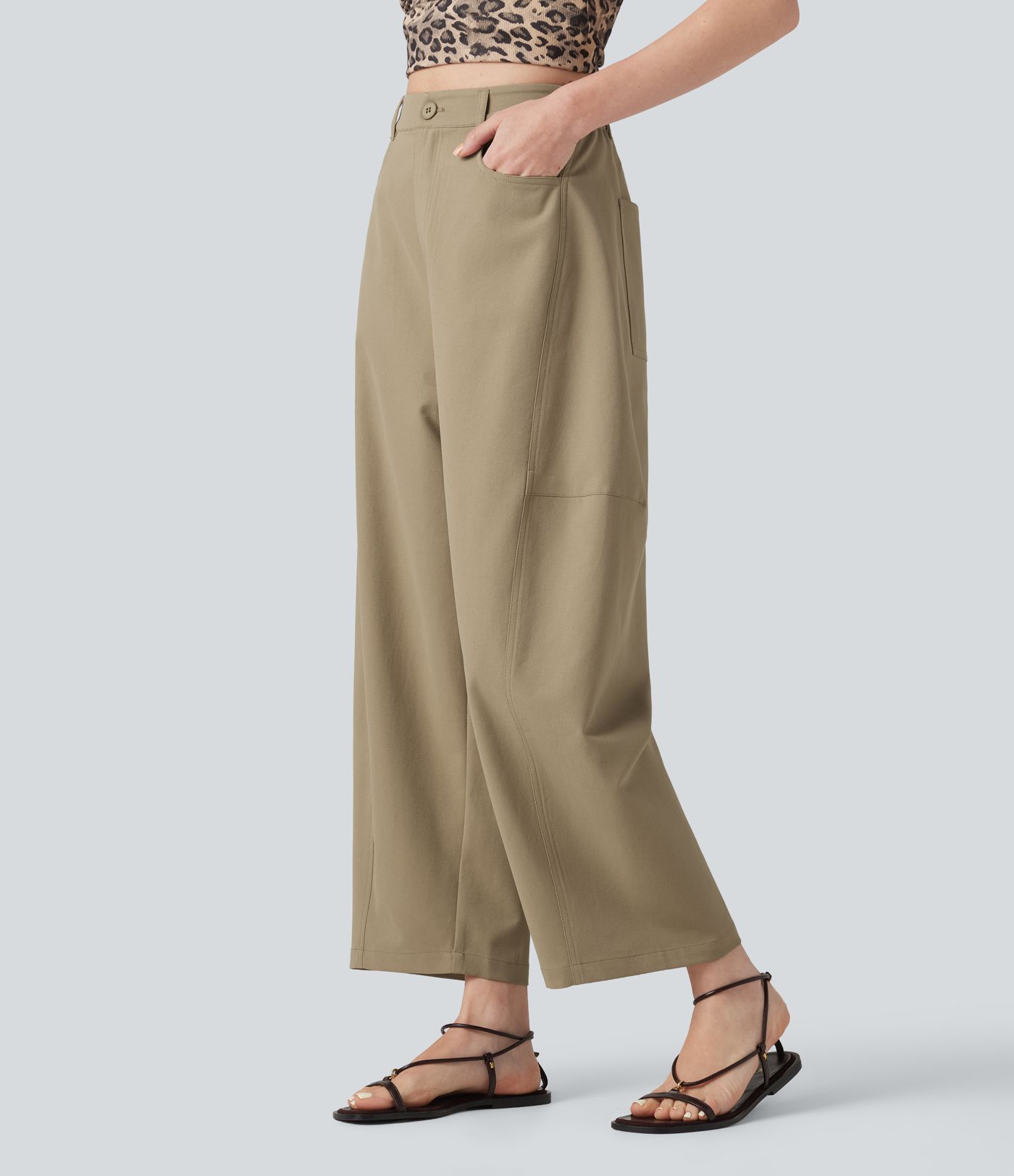 High Waisted Casual Barrel Leg Pants with Pockets