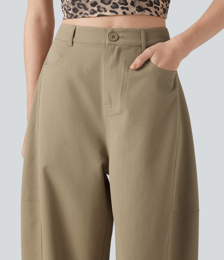 High Waisted Casual Barrel Leg Pants with Pockets