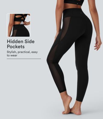SoftlyZero™ Crossover High Waisted Contrast Mesh Yoga Leggings with Pocket-UPF50+