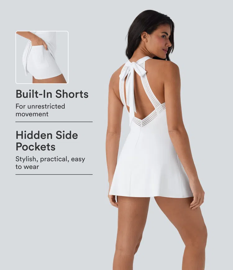 Softlyzero™ Airy, rückenfreies 2-in-1-Mini-Yoga-Aktivkleid mit Bindeband am Rücken und Seitentasche, UPF 50+