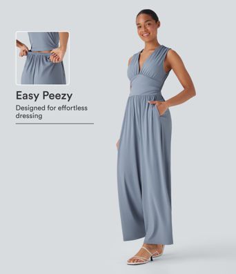 SoftlyZero™ Airy V Neck Sleeveless Ruched Pocket Cool Touch Casual Jumpsuit-Easy Peezy SoftlyZero™ Airy V Neck Sleeveless Ruched Pocket Cool Touch Casual Jumpsuit-Easy Peezy