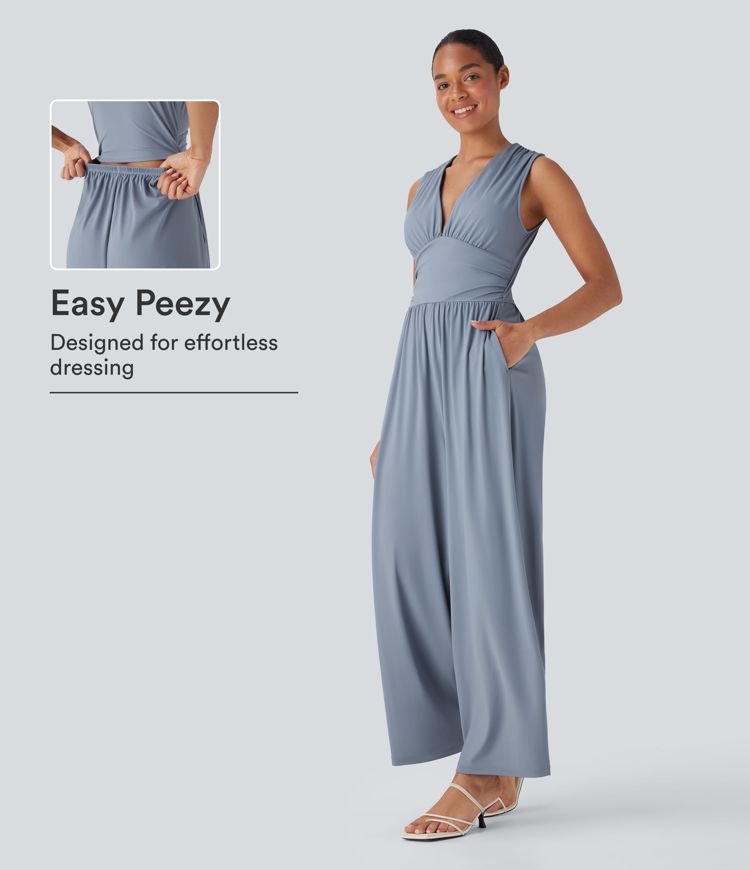 SoftlyZero™ Airy V Neck Sleeveless Ruched Pocket Cool Touch Casual Jumpsuit-Easy Peezy SoftlyZero™ Airy V Neck Sleeveless Ruched Pocket Cool Touch Casual Jumpsuit-Easy Peezy