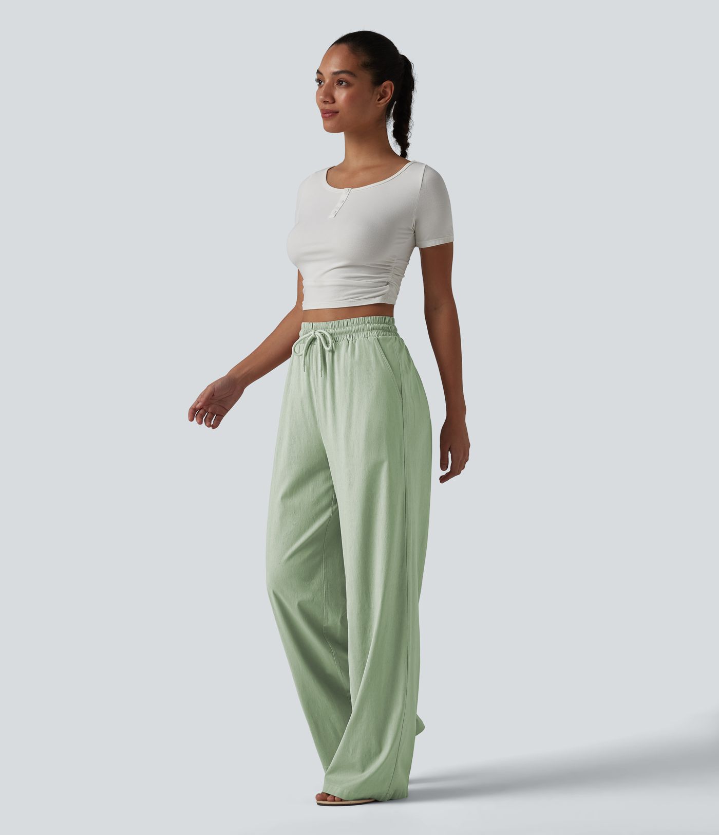 High Waisted Drawstring Wide Leg Baggy Casual Stretch Linen Pants with Pockets High Waisted Drawstring Wide Leg Baggy Casual Stretch Linen Pants with Pockets