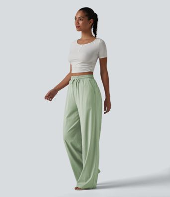 High Waisted Drawstring Wide Leg Baggy Casual Stretch Linen Pants with Pockets High Waisted Drawstring Wide Leg Baggy Casual Stretch Linen Pants with Pockets