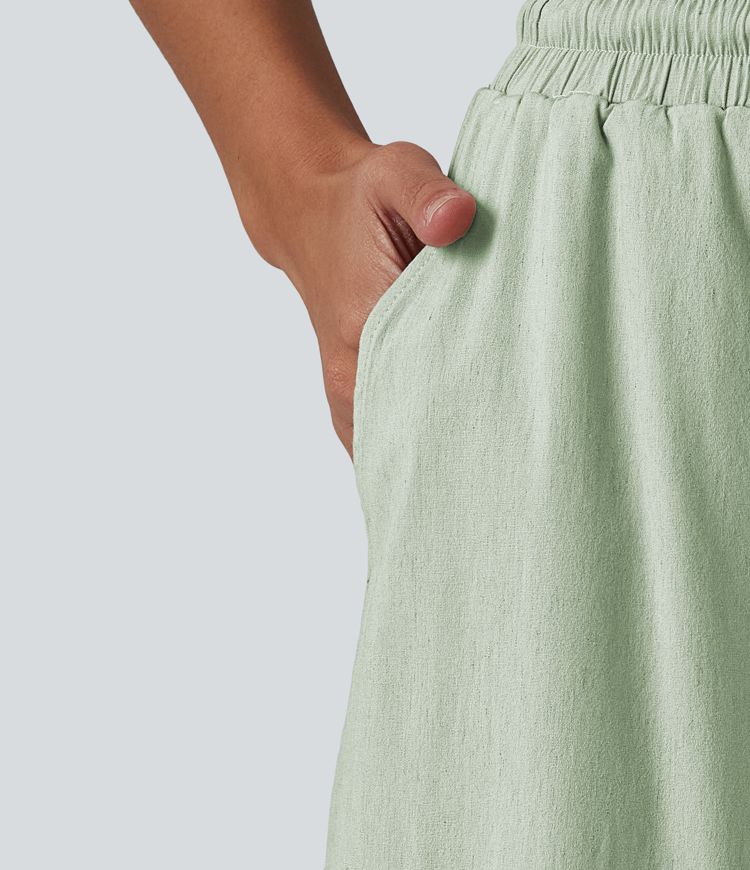 High Waisted Drawstring Wide Leg Baggy Casual Stretch Linen Pants with Pockets High Waisted Drawstring Wide Leg Baggy Casual Stretch Linen Pants with Pockets