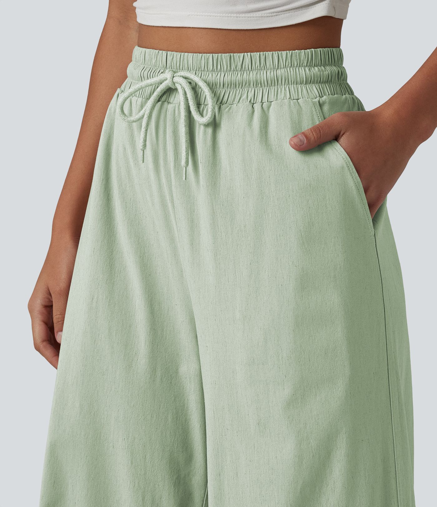 High Waisted Drawstring Wide Leg Baggy Casual Stretch Linen Pants with Pockets High Waisted Drawstring Wide Leg Baggy Casual Stretch Linen Pants with Pockets