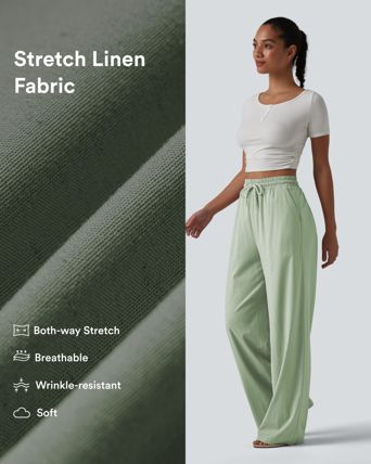 High Waisted Drawstring Wide Leg Baggy Casual Stretch Linen Pants with Pockets High Waisted Drawstring Wide Leg Baggy Casual Stretch Linen Pants with Pockets